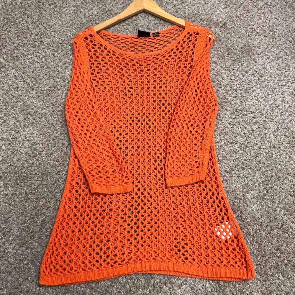 Tribal Women Orange Open Knit Mesh Sweater Cover Up Medium